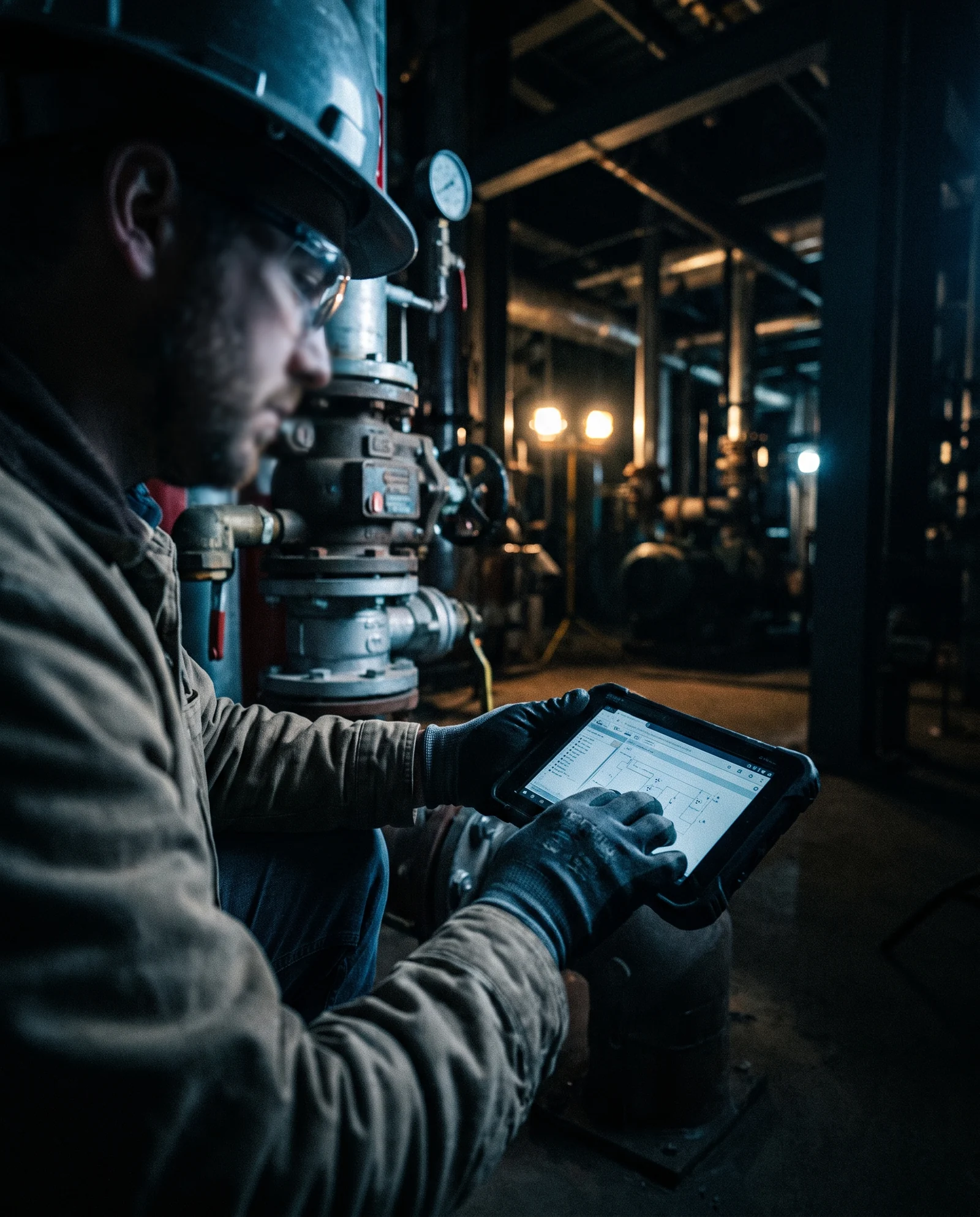 Técnico con casco, lentes y guantes inspeccionando un equipo con una tablet, en planta de noche